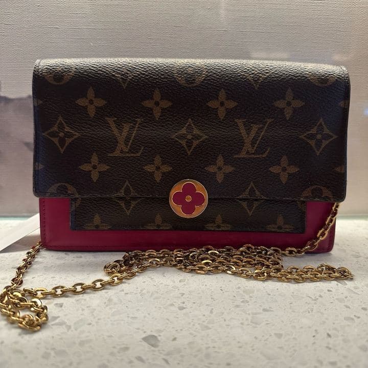 Louis Vuitton Monogram Wallet on Chain (flower detail), Brown / Fuchsia, condition grade A
